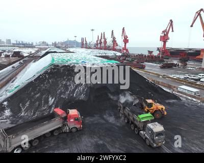 LIANYUNGANG, CHINE - 2 FÉVRIER 2024 - des véhicules de transport transfèrent du charbon électrique déchargé par des cargos au terminal de charbon de Lianyungang, East CH Banque D'Images