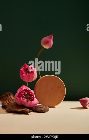 Dans le fond vert foncé, des fleurs de lotus (Nelumbo nucifera) et un bub de lotus sont ornés d'un podium circulaire en bois Banque D'Images