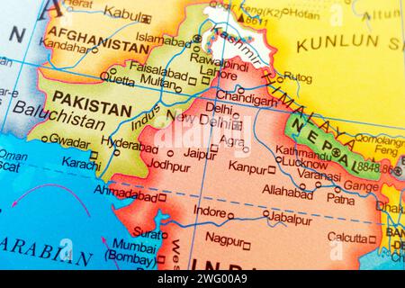 carte du monde de l'inde et du pakistan avec les villes limitrophes Banque D'Images