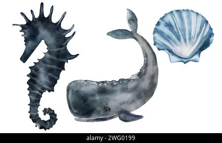 Aquarelle set baleines, hippocampes et coquillages isolés images sur fond blanc. Dessins animalistes aux couleurs bleues d'animaux océaniques. Pour les enfants Banque D'Images