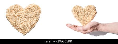 Un tas de riz en forme de cœur, symbolisant l'amour, l'unité et l'espoir. Les céréales, diversifiées et saines, reflètent la solidarité mondiale. Soins, santé et nutrition, favorisant un sentiment d'harmonie et de charité. Banque D'Images