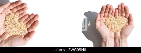 Un tas de riz en forme de cœur, symbolisant l'amour, l'unité et l'espoir. Les céréales, diversifiées et saines, reflètent la solidarité mondiale. Soins, santé et nutrition, favorisant un sentiment d'harmonie et de charité. Banque D'Images