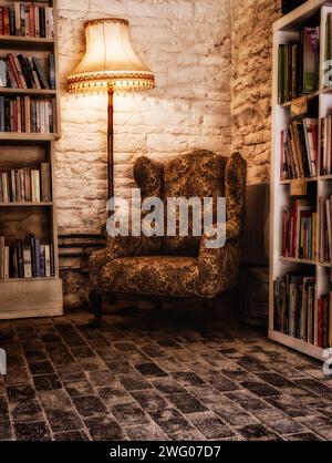 Un fauteuil confortable parmi les livres de lecture dans une librairie d'occasion. Banque D'Images