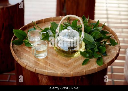 Un panier plat avec deux tasses, une théière et de nombreuses feuilles de thé vert placées dessus. Bon pour la santé des gens, dormez bien Banque D'Images