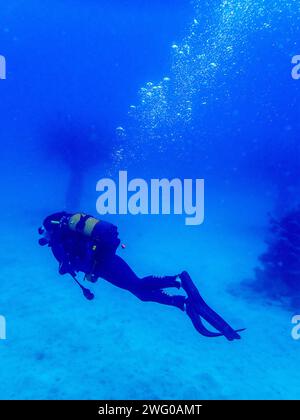 Plongeur dans les eaux Azur de Lanzarote, profil sur fond de fond de sable blanc, immergé dans la sérénité sous-marine tranquille Banque D'Images