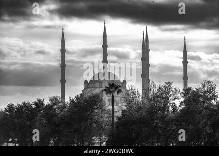 La mosquée centrale Sabanci à Adana, située le long de la rivière Seyhan, Turkiye. Ouvert en 1988. Banque D'Images