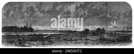 La guerre civile en Amérique : Hatteras Spit, avec l'épave de la ville de New York sur le bar au loin - d'après un croquis de notre artiste spécial, 1862. 'Mon vaisseau était le piquet, une vis, le plus petit de la flotte, sur lequel le général Burnside avait établi son quartier général... quand nous étions arrivés à six miles sur les routes vers le cap Henry, le général a donné des instructions à notre capitaine pour façonner son cap pour Hatteras, et puis, pour la première fois, j’ai pris conscience de notre destination. Nous devions passer au-dessus de la cloison de Pamlico Sound et attaquer la position confédérée à Roanoke Island... Day brisa W. Banque D'Images