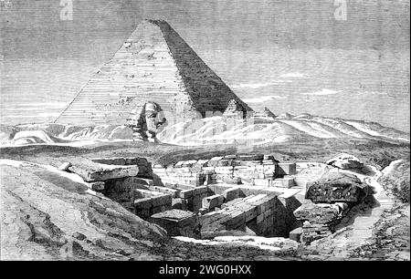 La visite du prince de Galles en Egypte : le Sphinx à Djizeh et les récentes fouilles autour d'elle - d'après un dessin de Frank Dillon, 1862. Le futur roi Édouard VII en Afrique. 'Les sphinx égyptiens sont des lions sans ailes... le plus grand des sphinx existants est celui de Djizeh... qui est taillé dans la roche, et est des dimensions énormes de 143 pieds. en longueur et 62ft. en hauteur à l'avant. La plus grande partie de celui-ci est recouverte de sable, au-dessus duquel un peu plus que la tête et les épaules sont visibles. Quelques fouilles d'un caractère étendu sont, cependant, en opération, comme le montre notre gravure Banque D'Images