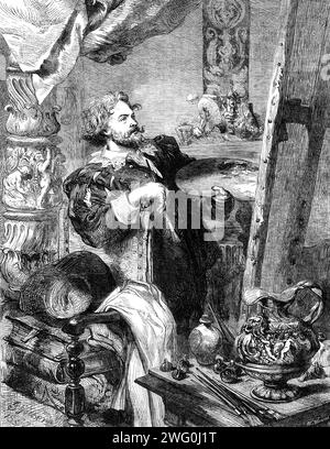 "Peter Paul Rubens", de J. Gilbert, dans l'exposition de la Société des peintres en aquarelle, 1862. Gravure d'un tableau. « La représentation des grands maîtres dans leurs ateliers a été un sujet de prédilection des artistes modernes et surtout étrangers. M. Gilbert peut naturellement prendre ce moyen de montrer son admiration et sa révérence pour le grand maître flamand... l'attitude de Rubens, en prenant du recul pour voir l'effet de son travail, n'est pas seulement caractéristique de tous les artistes, mais est particulièrement appropriée lorsqu'on l'assume comme l'habitude de ce peintre; car aucun maître ne dépendait plus Banque D'Images