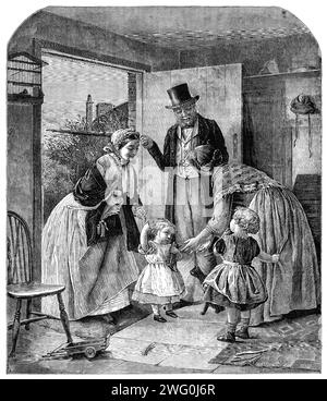 "Restored", par J. Clark, 1862. Gravure d'un tableau. '...quelles charmantes études de caractère sont ce père et sa fille, allant peut-être à, ou venant de, l'église! Si l'on ne pouvait pas voir son visage aimable, vous pourriez dire que la fille est une fille douce, non affectée, bonne nature... alors, regardez son père ; ce qui vaut, quelle véritable bonhomie anglaise il y a dans son visage! Il avance dans la vie ; ses cheveux sont gris fer ; mais son cœur est, au-delà de tout doute, encore mou comme la cire, et il le porte ouvertement comme les simples épis de blé qu'il a arrachés et placés dans les boutonnières de son manteau. Pourquoi, le Banque D'Images
