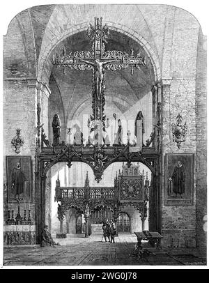 "Intérieur du Dom, L&#xfc;beck", de Samuel Read, dans l'exposition de la Société des peintres en aquarelle, 1862. Gravure d'un tableau. 'Parmi les autres intérieurs d'église étrangers intéressants par ce monsieur exposé au Pall-Mall, le "intérieur du Dom, ou la cathédrale, de L&#xfc;beck" a la recommandation à de nombreux, même vieux, voyageurs continentaux de méconnaissance. L&#xfc;beck est, néanmoins, l'une des vieilles villes les plus pittoresques d'Allemagne, et mérite plus d'attention que ce qui lui est habituellement accordé par les voyageurs. Le Dom construit en briques témoigne encore du premier Banque D'Images