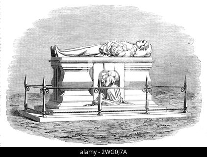 Nouveau monument érigé sur la tombe de John Bunyan dans Bunhill-Fields Burial-Ground, City-Road, [Londres], 1862. 'La longueur de la première pierre est de 8ft. 6 po., et la hauteur 6 pi. 2 pouces Sur le côté nord se trouve un panneau de pierre sculpté, sur lequel Christian est représenté comme commençant son voyage avec le fardeau sur le dos ; tandis que sur le côté sud, il est représenté comme dans l'acte d'atteindre la croix, le fardeau tombant de ses épaules. Sur le dessus de la tombe se trouve une effigie en pierre sculptée de Bunyan, dans une posture couchée, avec le livre à la main, sa tête reposant sur un oreiller. À l'extrémité est du mémorial Banque D'Images