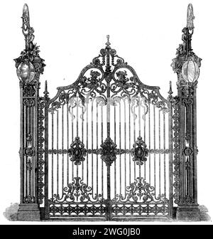 The International Exhibition - portes ornementales en fer à la Hardware court, par W. Baily and Sons, 1862. «Dans leur conception, ils sont simples, composés de piliers légers et de portes ornementales, qui s'élèvent au centre à une hauteur considérable, étant bornés par des lignes sculptées. Des colonnes sont suspendues des lampes pendantes à des supports incurvés, qui sont judicieusement réunis avec les colonnes de manière à donner un sentiment de sécurité. Ce sont de beaux spécimens de fer fondateur et, compte tenu de leur fabrication, leurs producteurs font grand honneur". L'exposition internationale de 1862 était une foire mondiale tenue à partir de Banque D'Images