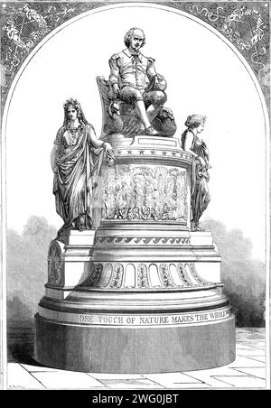 Monument en plâtre de Shakspeare, modelé par feu J. E. Thomas, 1862. 'Il a été conçu non seulement comme un portrait-statue, mais comme un monument national... le poète est élevé sur un piédestal élevé et massif décoré de bas-reliefs, et il y a... deux figures allégoriques latérales de la Comédie et de la tragédie... le grand poète tient un stylo dans une main et un manuscrit lâche dans l'autre... cependant, est également dû au sculpteur pour... la composition heureuse, et la modélisation soignée des personnages principaux, hommes et femmes, des pièces de Shakspeare dans les bas-reliefs dorés qui ornent Th Banque D'Images