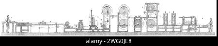 Machine à papier et à découper par Bryan, Donkin and Co., à l'exposition internationale, 1862. Élévation latérale d'une machine '...intended pour fabriquer une feuille de papier sans fin de n'importe quelle largeur inférieure à sept pieds... [la machine] est capable de fabriquer une feuille de papier sans fin de vingt miles de long en environ vingt-quatre heures... la machine exposée par MM. Donkin non seulement rend le papier complet à partir de la pâte mais lui donne aussi le filigrane nécessaire, et le coupe en feuilles de toute taille et forme désirées... cette belle machine effectue toute l'opération de fabrication du papier ; la pulpe étant suppl Banque D'Images