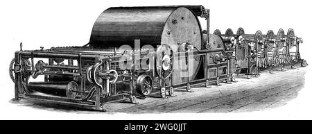 L'exposition internationale - fabrication du coton : la machine de calibrage de Harrison, 1862. '...une parmi la série d'intéressantes machines exposées par J. Harrison and Sons, de Blackburn. Dans cette machine, le fil est passé des poutres des ourdisseurs à travers l'ensimage d'ébullition et sur des cylindres sécheurs, après quoi il est enroulé sur la poutre du tisserand prêt pour le tissage dans le métier à tisser, qui convertit le fil de coton préparé en tissu de coton. Extrait de "Illustrated London News", 1862. Banque D'Images