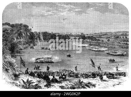 Fête volontaire donnée par M. Harvey, le haut shérif de Norfolk, à Crown point, près de Norwich : The Review, 1862. 'Un grand stand de 70 pieds. Long, et calculé pour accueillir 500 dames et messieurs, a été érigé pour la commodité des invités spéciaux de M. Harvey... le lieutenant-colonel Custance, de la milice de West Norfolk, commandait la droite, et le lieutenant-colonel Astley l'aile gauche, alors que toute la force était sous la direction générale du major-général Sir Archdale Wilson, de Delhi... quand enfin le signal a été donné de procéder aux évolutions, les troupes ont formé des colonnes contiguës à qua Banque D'Images