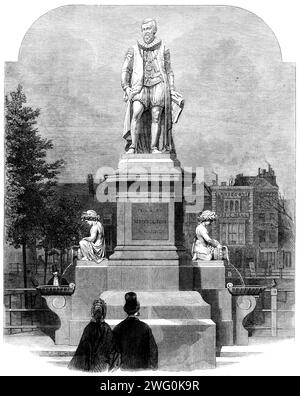 La statue de Sir Hugh Myddelton à Islington-Green [à Londres], sculptée par feu John Thomas, 1862. '...un beau monument public...à la mémoire du grand ingénieur, qui, triomphant des obstacles les plus redoutables, réussit au début du XVIIe siècle à détourner une rivière de son chenal naturel et à la conduire sur de nombreux kilomètres jusqu’au quartier haut situé au nord de Londres, dans le but d’approvisionner en eau une grande partie de la métropole. Il est inutile de mentionner l'importance d'un approvisionnement adéquat en eau dans les grandes villes... une reconnaissance des plus gracieuses de ce fait a été démontrée Banque D'Images