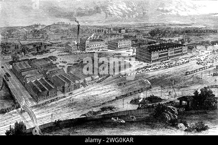 Brasserie de bière pâle de MM. Allsopp and Sons à Burton-on-Trent, 1862. '[cet] établissement...[a] atteint une célébrité mondiale. Les usines de leviathan de M. Allsopp sont continuellement en pleine exploitation et, jusqu'à l'agrandissement en 1859, elles n'étaient pas considérées comme suffisamment vastes pour répondre à la demande de leurs bières. Cette année-là, en raison de la forte augmentation de leurs affaires, MM. Allsopp ont érigé [...] le bâtiment actuel ; et, dans le but de faciliter leur important trafic, la firme a demandé au Parlement de construire, à ses frais, des lignes de chemin de fer pour relier leurs deux brasseries Banque D'Images