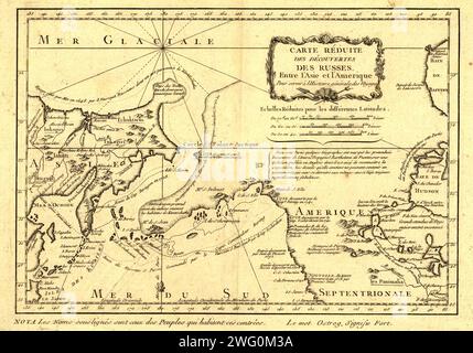 Carte RE&#xb4;duite des de&#xb4;couvertes des Russes, entre l'Asie et l'Amérique, (1747?). Cette carte française de l'Alaska, de la Sibérie et du Pacifique Nord, publiée en 1747, était basée sur des informations géographiques recueillies lors de voyages russes antérieurs. Il a été créé par le cartographe français Jacques-Nicolas Bellin (1703-72), et publié par l'auteur français Abbe&#xb4 ; Pre&#xb4;vost. Hydrographe de formation, Bellin est rattaché à l'Office de la Marine et spécialisé dans la production de cartes maritimes montrant les côtes. En 1764, il publie le petit Atlas Maritime, un ouvrage Banque D'Images