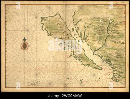 Carte de la Californie présentée comme une île, c 1650. Cette carte datant d'environ 1650 montre la Californie comme une île. Un demi-siècle s'écoulera avant que les explorateurs espagnols ne déterminent avec certitude que la Californie est reliée au continent de l'Amérique du Nord. Les noms de lieux sont soigneusement indiqués sur la carte en rouge et noir, et incluent, par exemple, le cap San Lucas (à la pointe de l'actuelle Basse-Californie), le Mexique et les îles Tres Maria au large de la côte du continent mexicain. Joan Vinckeboons (1617-70) était un cartographe et graveur néerlandais né dans une famille d'artistes d'origine flamande. Il était dans l'emp Banque D'Images