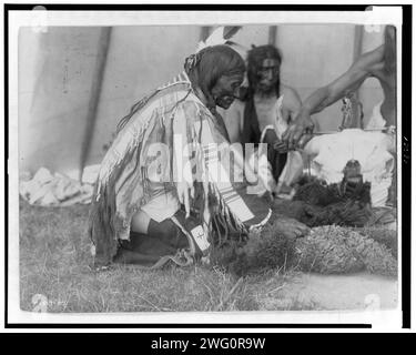 Salive, Slow Bull (en arrière-plan), bras de piquet, c1907. Trois hommes Dakota, assis ou agenouillés sur le sol, dont un s'occupe du crâne de bison. Banque D'Images