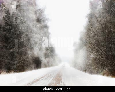 Paysage hivernal avec route enneigée et arbres à la lumière du jour Banque D'Images