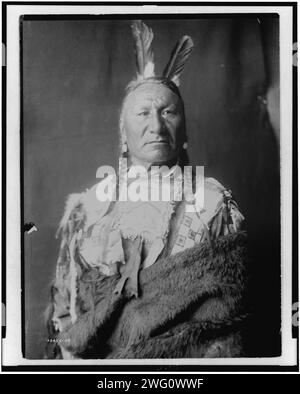 Yellow Horse-Yanktonai, portrait demi-longueur, debout, orienté légèrement à droite, avec de longues tresses, deux plumes d'aigle dans les cheveux, enveloppées dans la peau de buffle, c1908. Banque D'Images