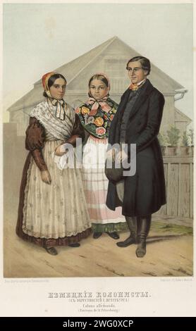 Colons allemands. (Depuis la périphérie de St. Petersburg), 1862. Fiche 17 de l'album "Description ethnographique des peuples de la Russie", volume 1. Description ethnographique des peuples de la Russie est un ouvrage en deux volumes publié à Saint-Pétersbourg en 1862 pour marquer le millénaire de la fondation de l'Empire russe (traditionnellement retracée à la fondation de l'État de la Rus' de Kiev en 862). L'œuvre est dédiée au tsar Alexandre II Le volume 1 se compose de 62 illustrations colorées représentant des groupes ethniques de tout le pays Banque D'Images