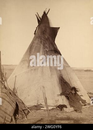 Une jeune fille Oglala assise devant un tipi, avec un chiot à côté d'elle, probablement sur ou près de Pine Ridge Reservation, 1891. Banque D'Images