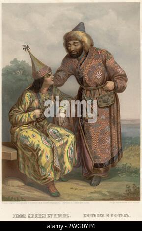 Kyrgyzska et Kyrgyz, 1862. Fiche 48 de l'album "Description ethnographique des peuples de la Russie", volume 1. Description ethnographique des peuples de la Russie est un ouvrage en deux volumes publié à Saint-Pétersbourg en 1862 pour marquer le millénaire de la fondation de l'Empire russe (traditionnellement retracée à la fondation de l'État de la Rus' de Kiev en 862). L'œuvre est dédiée au tsar Alexandre II Le volume 1 se compose de 62 illustrations colorées représentant des groupes ethniques de tout l'Empire russe dans leur robe traditionnelle. T Banque D'Images