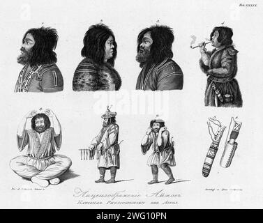 Ainu, 1813. En 1803-06, le capitaine I. F. Kruzenshtern est devenu le premier russe à faire le tour du globe. Cet atlas, publié par l'Académie russe des sciences en 1813, comprend des cartes de la route de Kruzenshtern et 109 planches basées sur les dessins de V. G. Tilesius, médecin, naturaliste et artiste officiel de l'expédition. C'est l'une des plus grandes publications de gravures de la Russie tsariste. Les sujets représentés comprennent des vues de Sakhaline, Kamtchatka et les îles Kouriles ; des représentations des indigènes sibériens et d'autres peuples rencontrés pendant le voyage ; et des poissons et oiseaux locaux f Banque D'Images