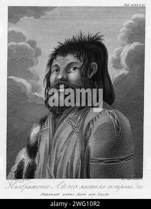 Illustration d'un homme Aïnous de l'île Esso, 1813. En 1803-06, le capitaine I. F. Kruzenshtern est devenu le premier russe à faire le tour du globe. Cet atlas, publié par l'Académie russe des sciences en 1813, comprend des cartes de la route de Kruzenshtern et 109 planches basées sur les dessins de V. G. Tilesius, médecin, naturaliste et artiste officiel de l'expédition. C'est l'une des plus grandes publications de gravures de la Russie tsariste. Les sujets représentés comprennent des vues de Sakhaline, Kamtchatka et les îles Kouriles ; des représentations d'indigènes sibériens et d'autres peuples rencontrés durin Banque D'Images