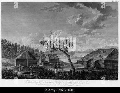 Tombe du capitaine Clerc à Petropavlovsk, 1813. En 1803-06, le capitaine I. F. Kruzenshtern est devenu le premier russe à faire le tour du globe. Cet atlas, publié par l'Académie russe des sciences en 1813, comprend des cartes de la route de Kruzenshtern et 109 planches basées sur les dessins de V. G. Tilesius, médecin, naturaliste et artiste officiel de l'expédition. C'est l'une des plus grandes publications de gravures de la Russie tsariste. Les sujets représentés comprennent des vues de Sakhaline, Kamtchatka et les îles Kouriles ; des représentations d'indigènes sibériens et d'autres peuples rencontrés pendant la Banque D'Images