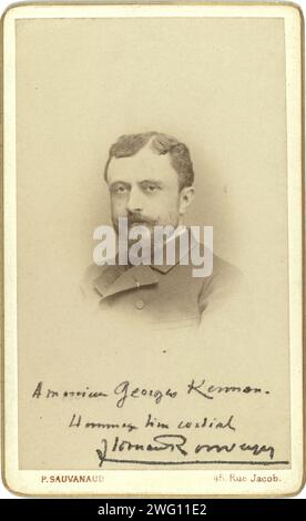 Portrait tête et épaules d'un homme non identifié, entre 1880 et 1886. Inscription sur recto : américain Georges Kennan. Souhaitant[?]) lui cordial [signature illisible]. Banque D'Images