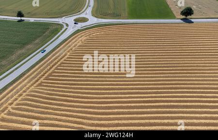 Rond-point entre champs et prairies, rangées de paille sur un champ de céréales récoltées, image de drone, haute Bavière, Bavière, Allemagne Banque D'Images