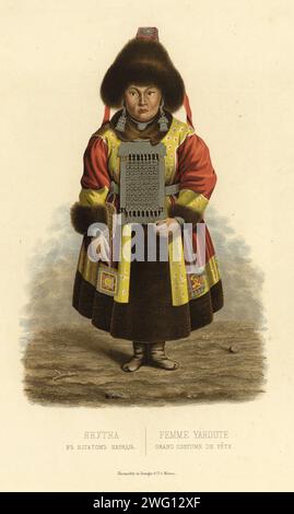 Femme Yakut en tenue folklorique riche, 1856. Extrait de Puteshestviye po Vostochnoy Sibiri I. Bulychova. Chast' 1-ya. Poyezdka v Kamtchatku (Un voyage à travers la Sibérie orientale : partie 1, Voyage au Kamtchatka), partie d'une collection d'albums de la Division des estampes de la Bibliothèque nationale de Russie documentant les expéditions en Sibérie et en extrême-Orient russe entreprises principalement à la fin du 19e siècle. Le compilateur de l'album est Ivan mem'ianovitch Bulychev, membre de la Société géographique impériale russe. L'album est composé de 64 illustrations finement dessinées, la plupart en couleur, tirées de 21 numéros d'un autre p Banque D'Images