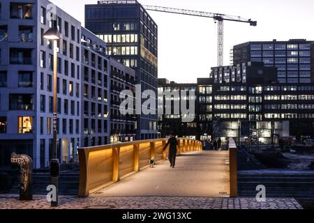 Les gens marchent sur la passerelle Golda Meir dans la zone de développement Europacity Berlin sur Heidestrasse. Le projet EuropaCity couvre une zone de 61 Banque D'Images