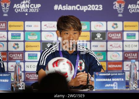 Doha, Qatar. 2 février 2024. Hidemasa Morita (JPN) football/football : la joueuse japonaise Morita à la conférence de presse d'avant-match de la coupe d'Asie de l'AFC Qatar 2023 au main Media Center à Doha, Qatar . Crédit : Mutsu Kawamori/AFLO/Alamy Live News Banque D'Images