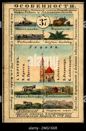 Province de Kherson, 1856. Cette carte fait partie d'un ensemble souvenir de 82 cartes illustrées - une pour chaque province de l'Empire russe telle qu'elle existait en 1856. Chaque carte présente un aperçu de la culture, de l'histoire, de l'économie et de la géographie d'une province particulière. Le recto de la carte représente des caractéristiques distinctives telles que les rivières, les montagnes, les grandes villes et les principales industries. Le verso de chaque carte contient une carte de la province, le sceau provincial, des informations sur la population et le costume local des habitants. Bibliothèque nationale de Russie Banque D'Images