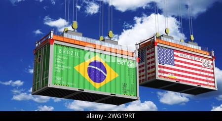 Conteneurs d'expédition avec drapeaux du Brésil et des Etats-Unis - illustration 3D. Banque D'Images