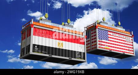 Conteneurs d'expédition avec drapeaux de l'Egypte et des Etats-Unis - illustration 3D. Banque D'Images
