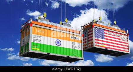 Conteneurs d'expédition avec drapeaux de l'Inde et des Etats-Unis - illustration 3D. Banque D'Images