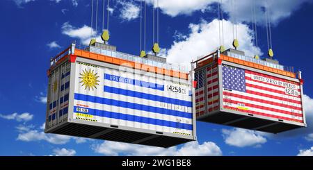 Conteneurs d'expédition avec drapeaux de l'Uruguay et des Etats-Unis - illustration 3D. Banque D'Images