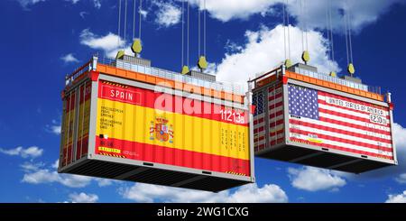 Conteneurs d'expédition avec drapeaux de l'Espagne et des Etats-Unis - illustration 3D. Banque D'Images
