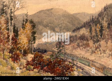 Locomotive dans les montagnes de l'Oural près de Zlatoust, 1904. Boris Vasilievitch Smirnov (1881-1954) était un artiste russe qui, en 1904, a voyagé par transport de prisonniers de la Russie occidentale à travers la Sibérie. En cours de route, il a créé une série de dessins et d'aquarelles des personnes et des lieux qu'il a rencontrés. Musée d'État de Novossibirsk d'histoire régionale et de vie folklorique Banque D'Images