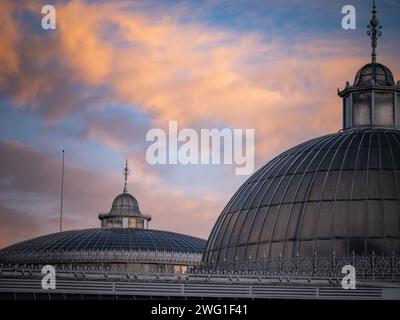 Gros plan sur le toit du dôme de verre du palais Kibble au crépuscule - jardins botaniques de Glasgow Banque D'Images