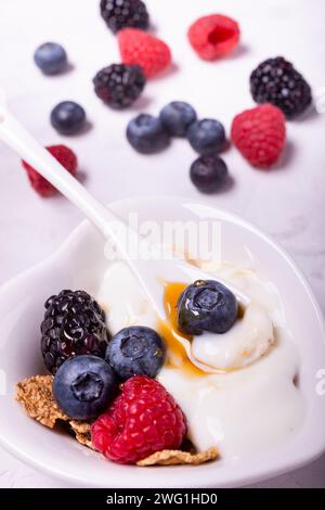 dans le bol en forme de cœur ingrédients pour un petit déjeuner sain à base de : yaourt blanc, baies fraîches et flocons multigrains Banque D'Images