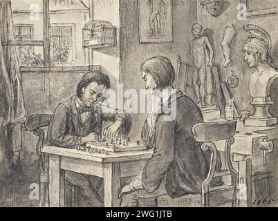 Les joueurs d'échecs dans l'atelier du sculpteur, vers 1870. Banque D'Images