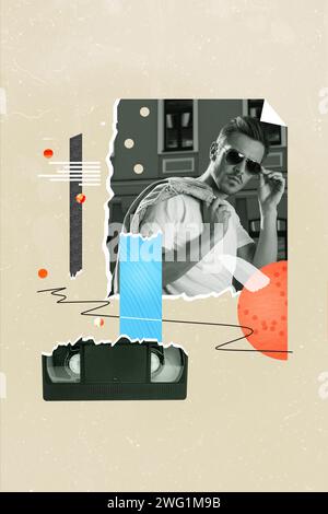 Image créative rétro de collage magazine 3d de cassette vhs rétro montrant un film sur le fond de couleur beige isolé de Cool Guy Banque D'Images